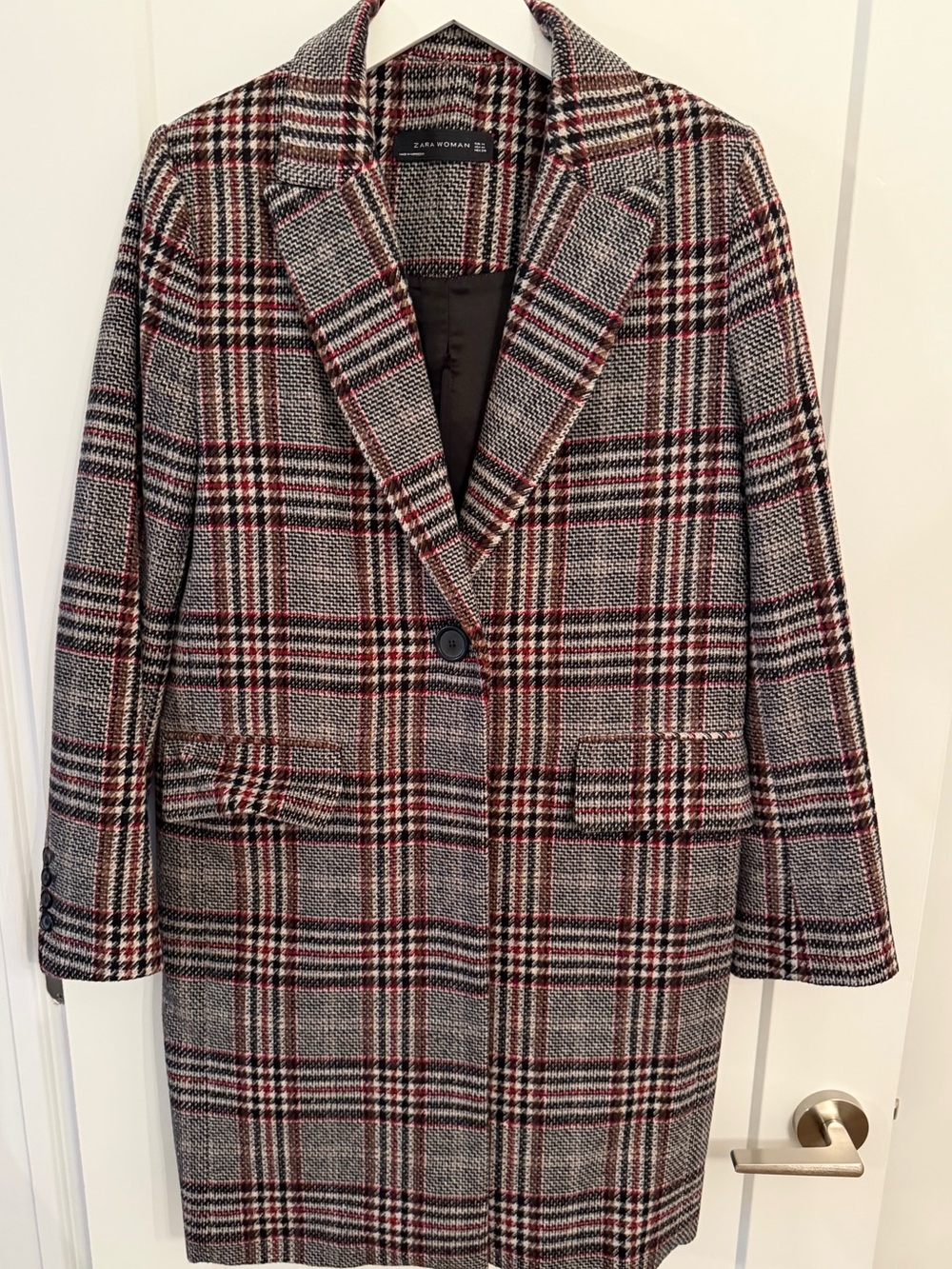 Zara Plaid Single-Button Peacoat in Gray and Red